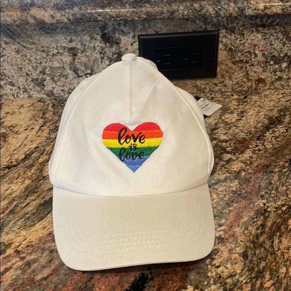 INC International Concepts White Cap with Colorful Heart Embroidery one size